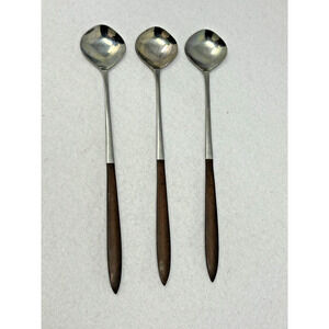 Vtg EPIC Forged Stainless ICE TEA Spoons Flatware Canoe Muffin Wood Handle MCM